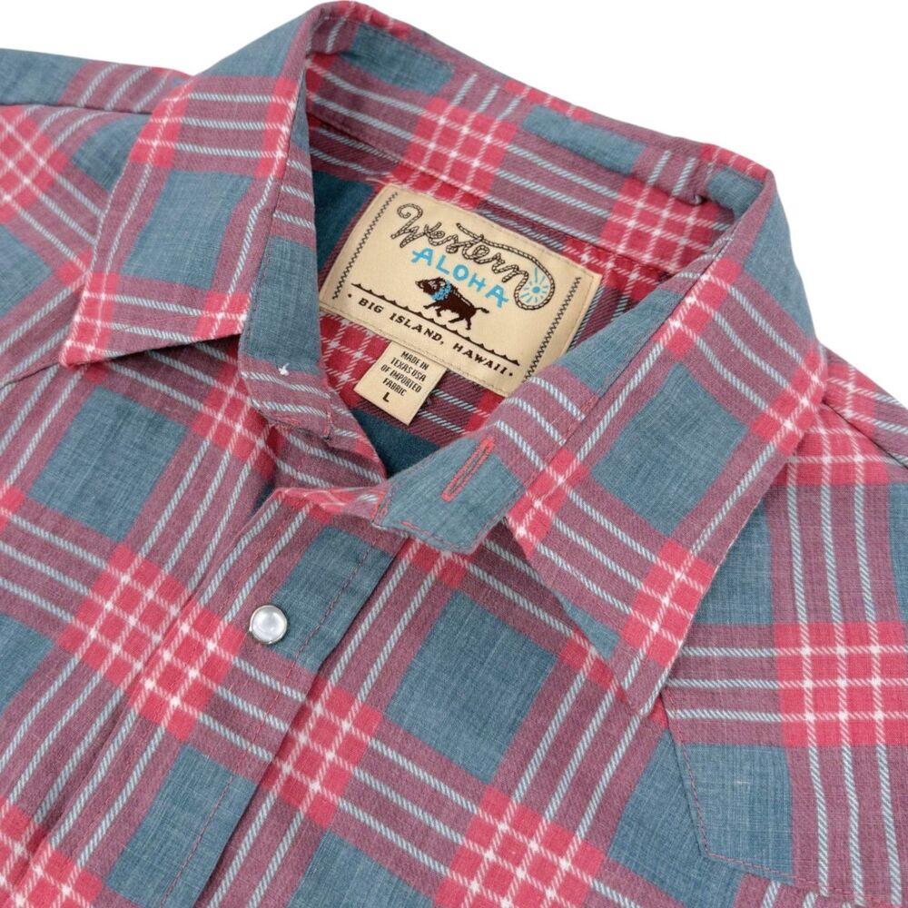 Western Aloha Mens Palaka Nui Lava Red Plaid Pearl Snap Cowboy Cloth Shirt Large